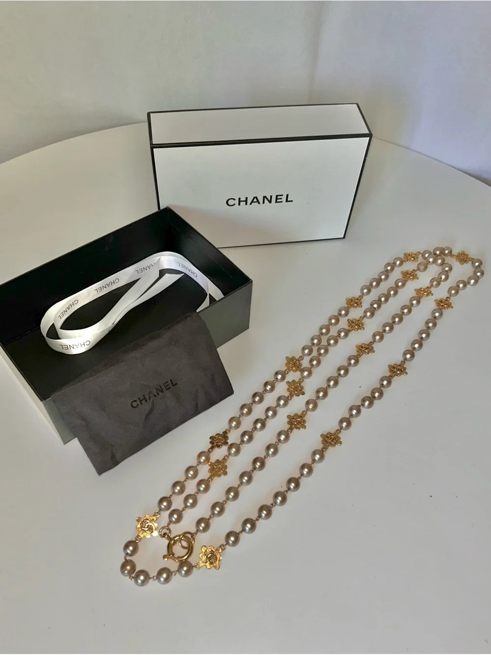 Vintage CHANEL Extra Long Rare Gold and Champagne Pearl CC Monogram Necklace